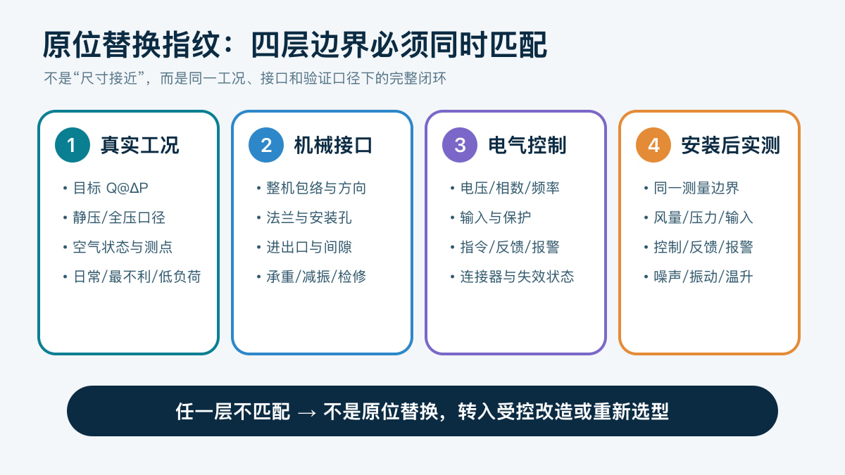 原位替换指纹的真实工况、机械接口、电气控制和安装后实测四层边界