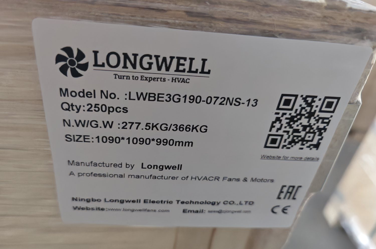朗伟木箱标签:LWBE3G190-072NS-13,数量 250 pcs,277.5/366 KG,1090×1090×990mm,带 CE 与 EAC