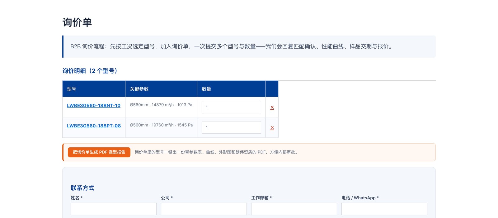 询价单页:LWBE3G560-188NT-10 与同规格备选 LWBE3G560-188PT-08 的明细与数量,「把询价单生成 PDF 选型报告」按钮,以及姓名、公司、邮箱、电话的联系方式表单