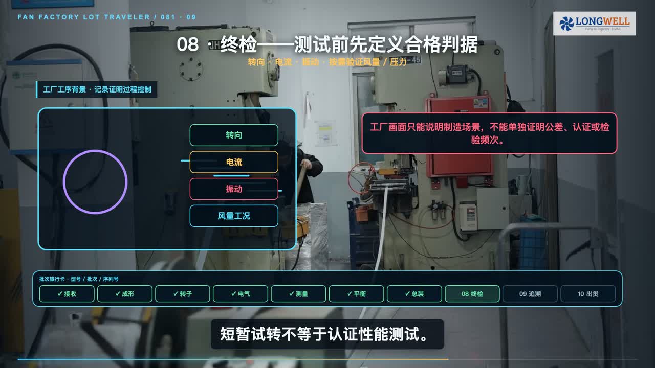 风机工厂终检画面及测试前定义合格判据的提示