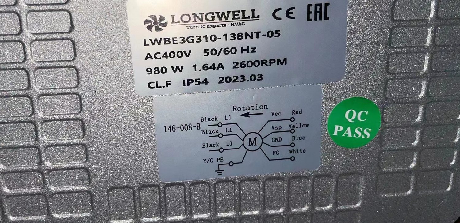 朗伟铭牌 LWBE3G310-138NT-05,AC400V,980W,2600RPM,IP54,带接线图与 QC PASS