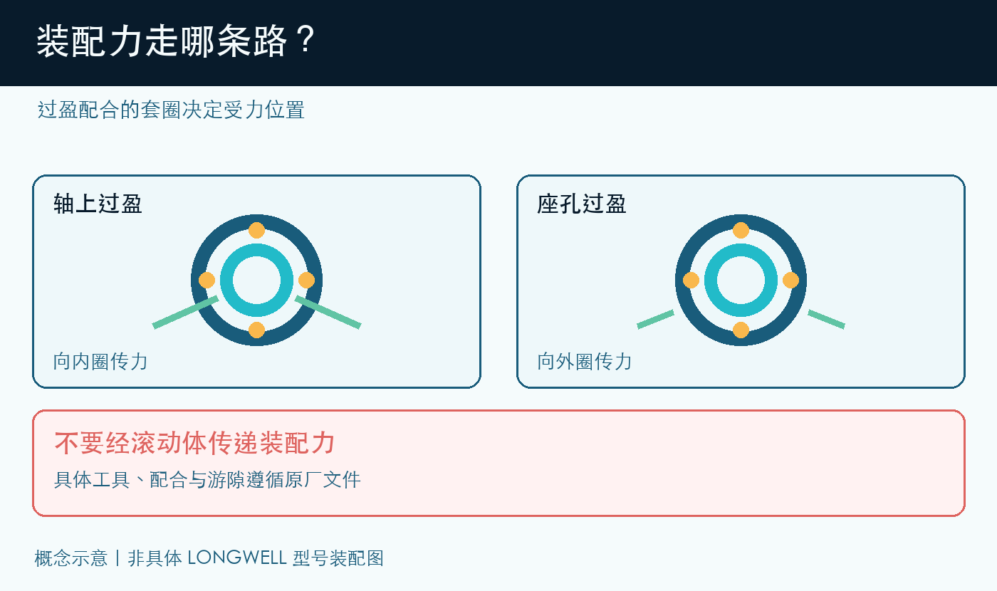 轴承装配力路径概念图,轴上过盈向内圈传力,座孔过盈向外圈传力,避免通过滚动体