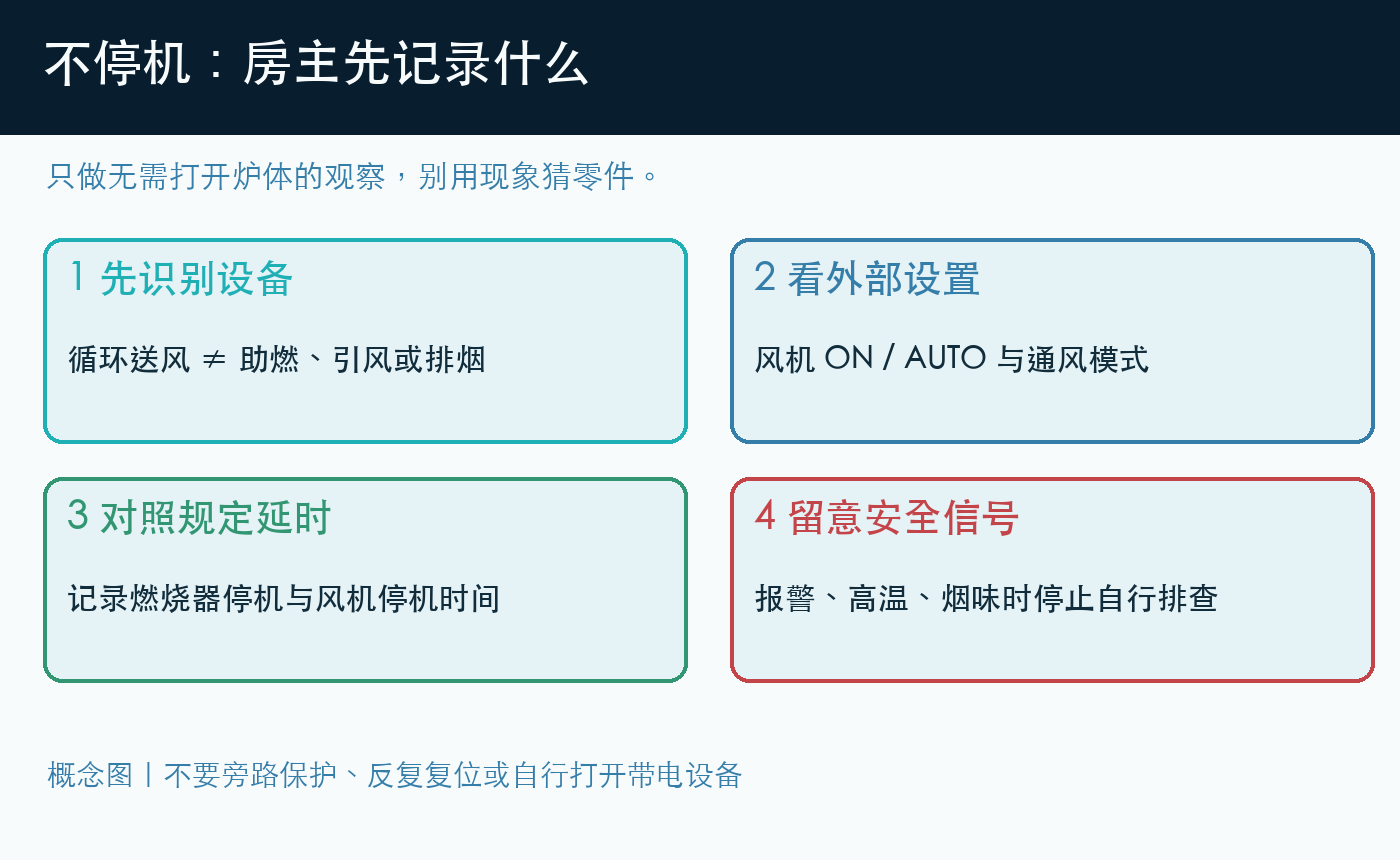 暖炉循环风机持续运转时的四项安全观察:确认设备、温控器风机模式、规定停机延时和报警高温信号