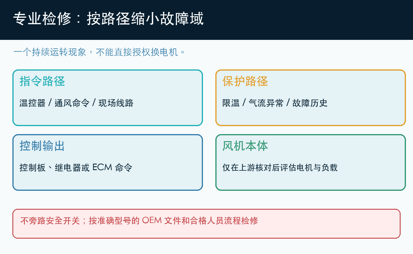 暖炉循环风机不停机的专业故障域:温控指令、安全保护、控制板输出、风机电机与机械负载