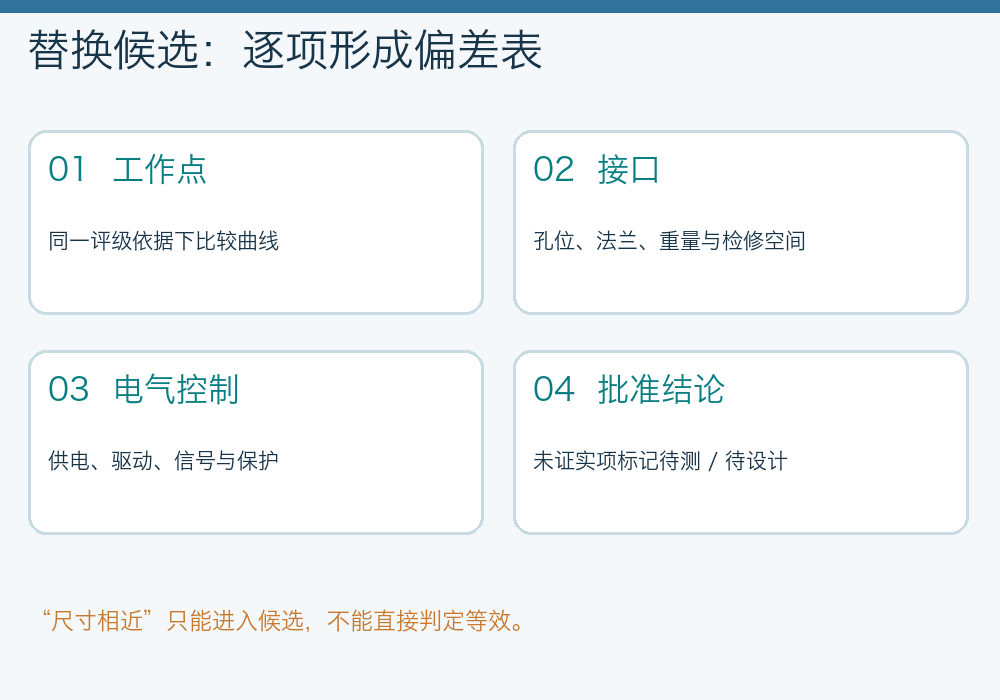 风机替换候选偏差矩阵示意,分别检查工作点、机械接口、电气控制和批准结论