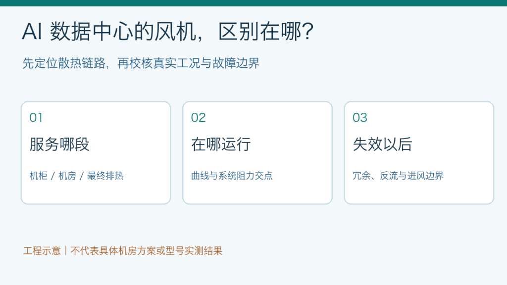 AI数据中心风机选型三项决策:服务散热段、核对工作点与故障边界