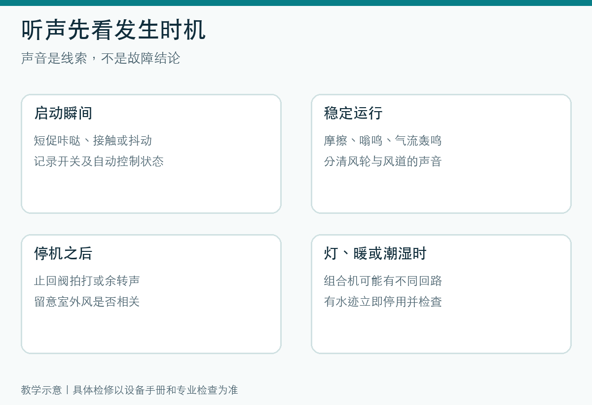 启动、稳定运行、停机与灯暖潮湿模式的异响观察清单