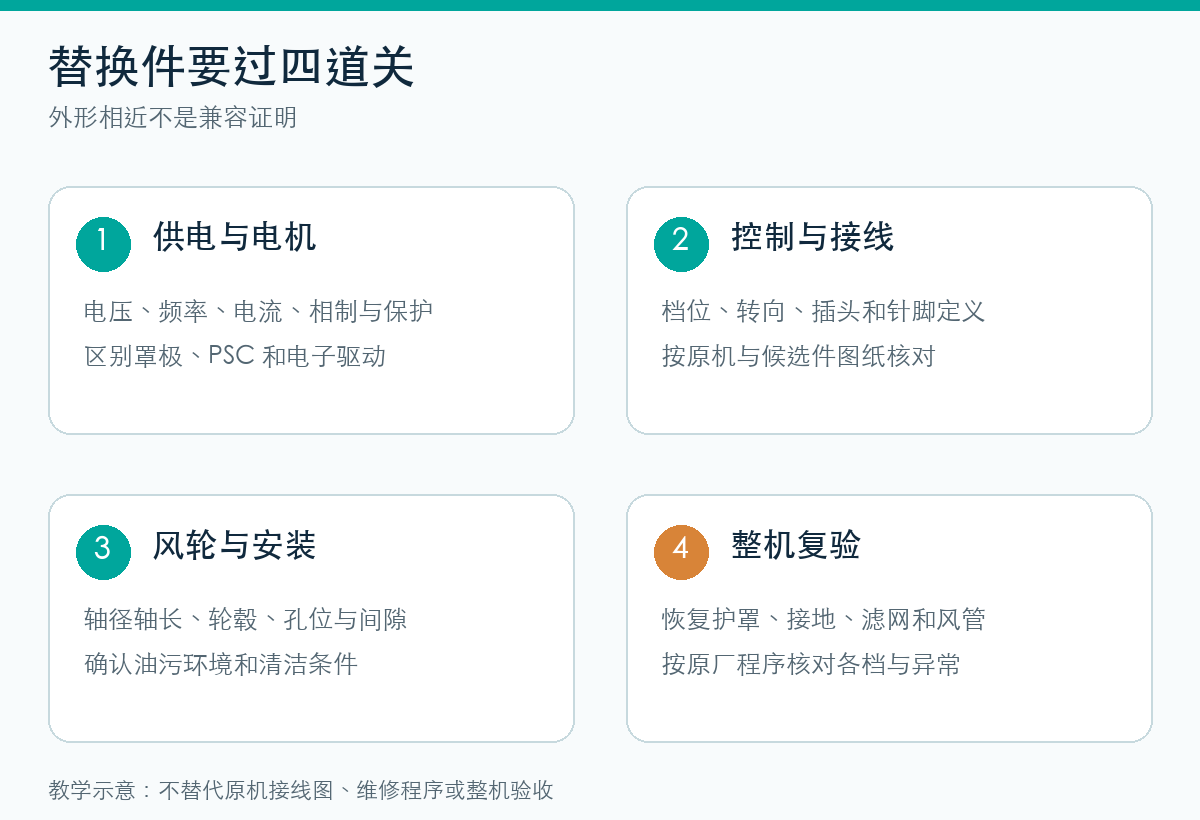 供电电机、控制接线、风轮安装和整机复验四组接口核对图